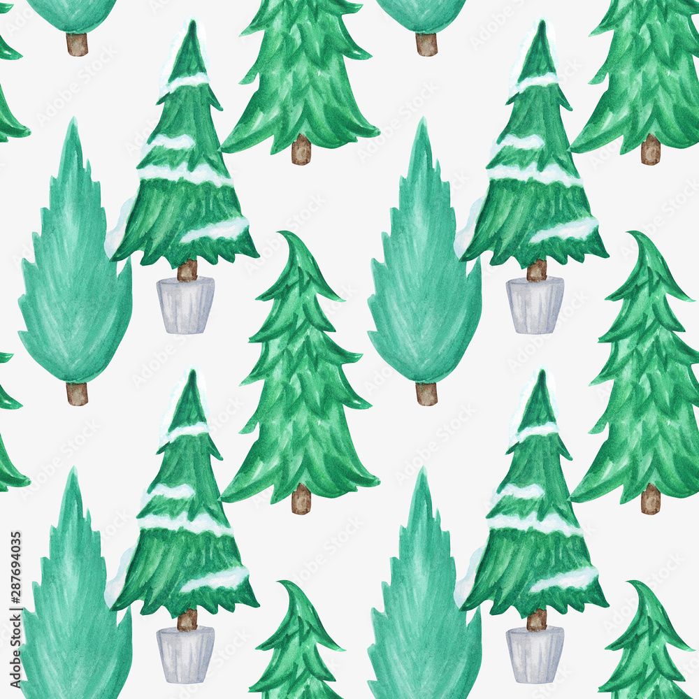 Seamless pattern New Year Christmas tree isolated on white background. Watercolor Winter nature illustration. Hand drawn vintage card, fabric paper texture design.