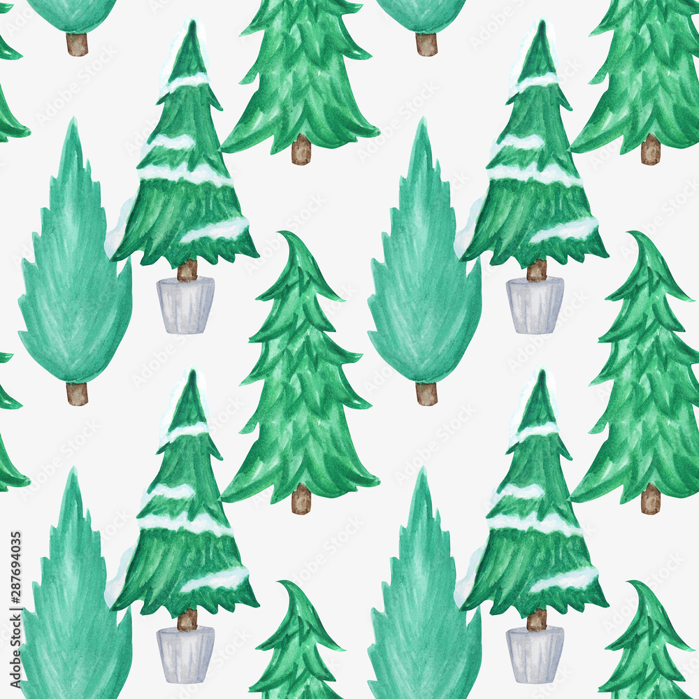 Fototapeta premium Seamless pattern New Year Christmas tree isolated on white background. Watercolor Winter nature illustration. Hand drawn vintage card, fabric paper texture design.