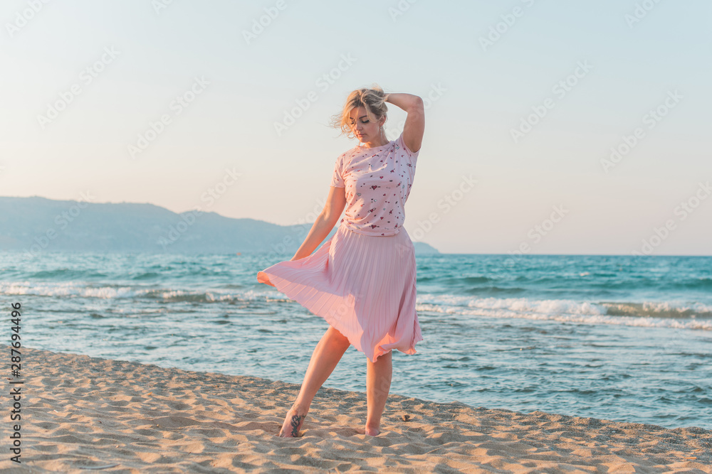 Plus size woman in holidays, Picturesque view of the beach, Location:  Beach, Greece. Vacations and adventure concept  