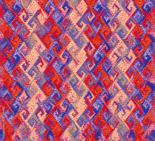 Abstract background with vertical ornamental zigzag pattern in orange,blue,pink colors
