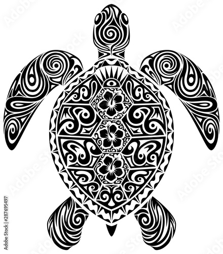 Vector illustration of an ornately-patterned black and white sea turtle design.