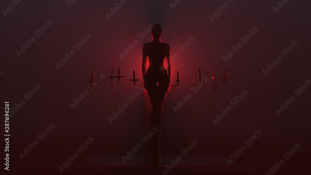 Evil Spirit Ghost Demon Floating Evil Blood Queen Vampire Dripping in Blood with Upside Down Floating Crosses Abstract Demon in a Red Foggy Void front View 3d illustration 3d render  	 - obrazy, fototapety, plakaty 