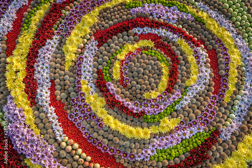 Flowers background. Round carpet made of cut flowers. Flowerbed, top view, copy space. Gretting card, postcard.