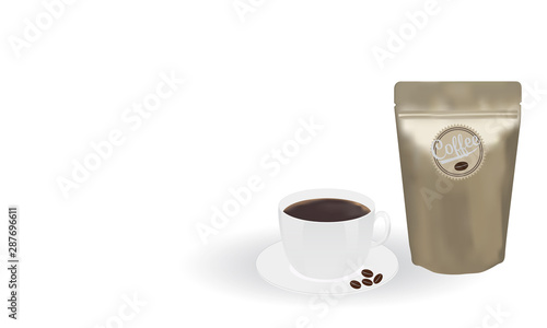 Gold coffee bean ziplock bags stand up with a coffee cup on white background