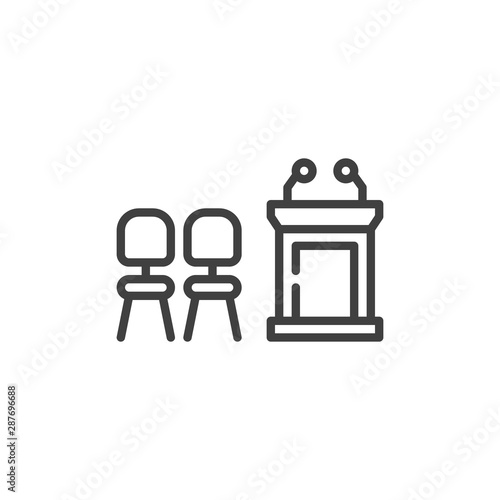 Chairs and speaker podium line icon. Workplace linear style sign for mobile concept and web design. Speech table and armchairs outline vector icon. Symbol, logo illustration. Vector graphics