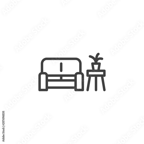 Sofa and Coffee table with plant line icon. linear style sign for mobile concept and web design. Waiting room interior outline vector icon. Symbol, logo illustration. Vector graphics