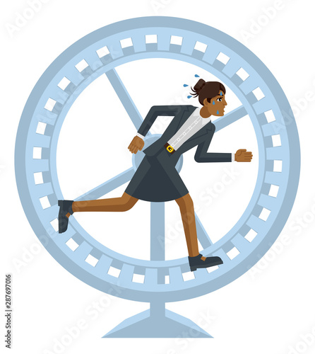 A stressed and tired looking businesswoman running as fast as she can in a hamster wheel to keep up with her workload or compete. Business concept illustration in flat modern cartoon style