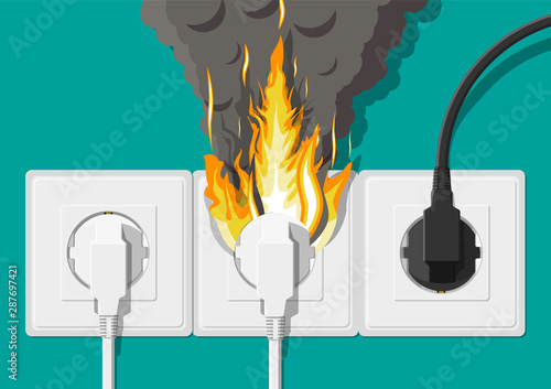 Electrical outlet with plug on fire. Overload of network. Short circuit. Electrical safety concept. Wall socket in flames with smoke. Vector illustration in flat style