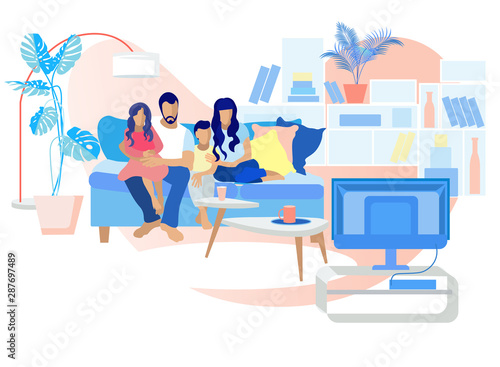 Mother, Father, Daughter and Son Watch TV Program.