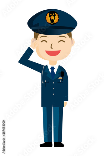 警察官・警官・敬礼するお巡りさんの全身イラスト（アイコン）男性・笑顔3｜白背景｜Illustration of police officer