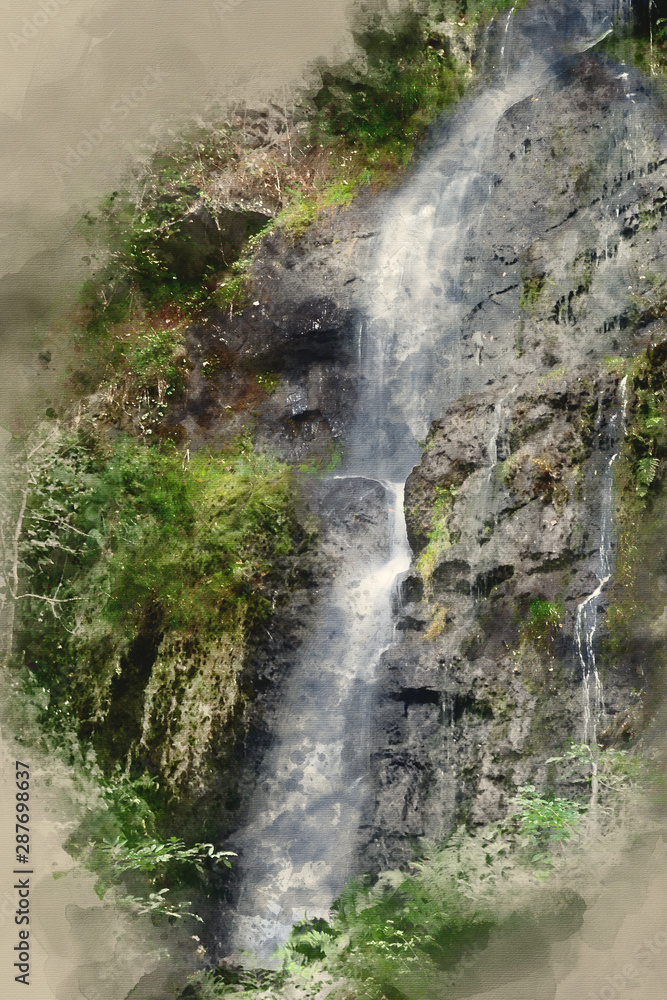 Digital watercolor painting of Beautiful tall waterfall flowing over lush green landscape foliage in early Autumn Digital watercolor painting of Beautiful tall waterfall flowing over lush green landscape foliage in early Autumn