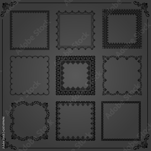Vintage set of elements. Different square elements for decoration and design frames, cards, menus, backgrounds and monograms. Classic patterns. Set of black vintage patterns