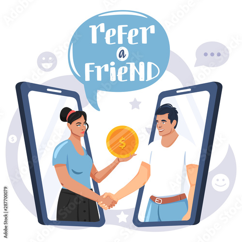 Refer a friend concept. Business people shaking hands. People in smartphone. Social communication, loyalty program, social media marketing for friends. Vector.