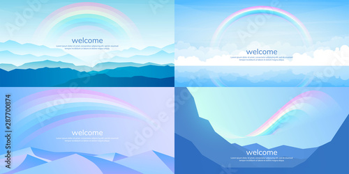 Vector illustration. Set of editable landscapes in flat minimalistic polygonal style with rainbow. Mountains. Clear sky. Abstract wallpapers with copy space. Flat style. Web backgrounds collection.
