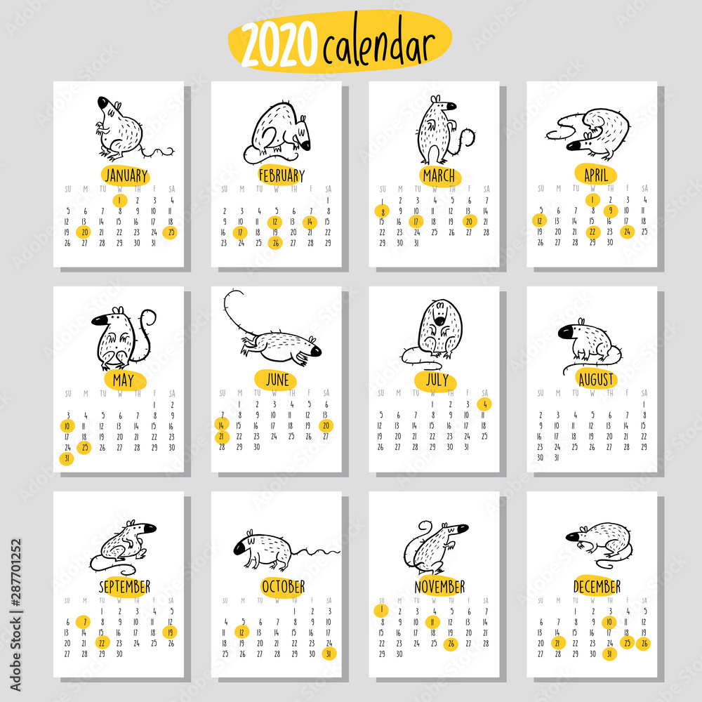 Funny wal calendar with rats, Symbol of Year 2020. Vector.