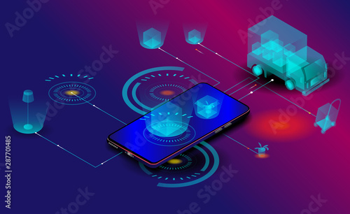 Vector drawing digital technology. Mobile applications for freight and package delivery. Digital business analysis. Conceptual illustration. Isometric vector illustration. 3D