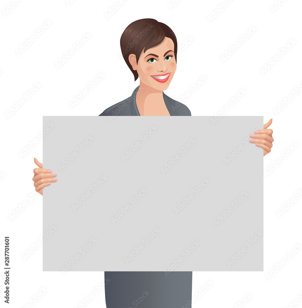 European woman holds empty white placard. Smiling cute girl demonstrates blank board for your text. Vector illustration isolated on the white background