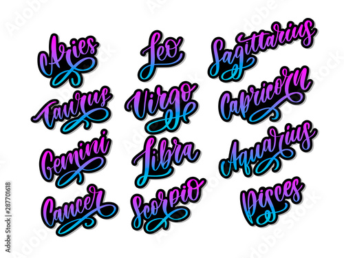 Zodiac lettering Vector Sign. Cartoon astrology text illustration. Horoscope handwritten icon set.