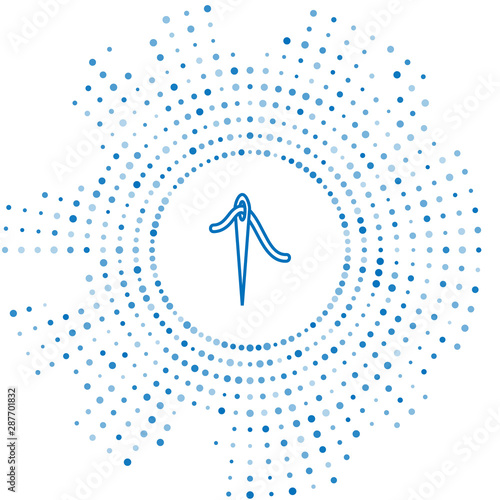 Blue line Needle for sewing with thread icon isolated on white background. Tailor symbol. Textile sew up craft sign. Embroidery tool. Abstract circle random dots. Vector Illustration