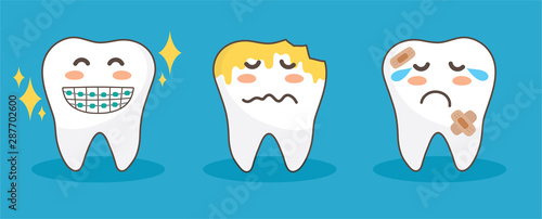 Vector character happy and funny teeth set. illustration doodle drawing cute design tooth.