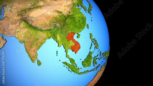 Closing in on Indochina on political 3D globe with topography. 3D illustration.