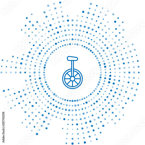 Blue line Unicycle or one wheel bicycle icon isolated on white background. Monowheel bicycle. Abstract circle random dots. Vector Illustration