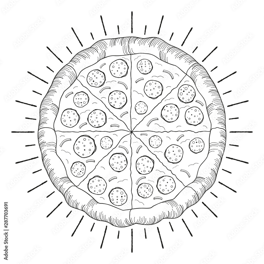 Pizza (pepperoni, onion) - black and white illustration/ drawing