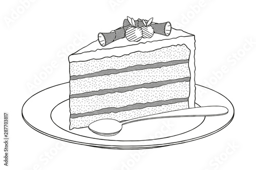 Cake/ dessert on plate, spoon - black and white illustration/ drawing