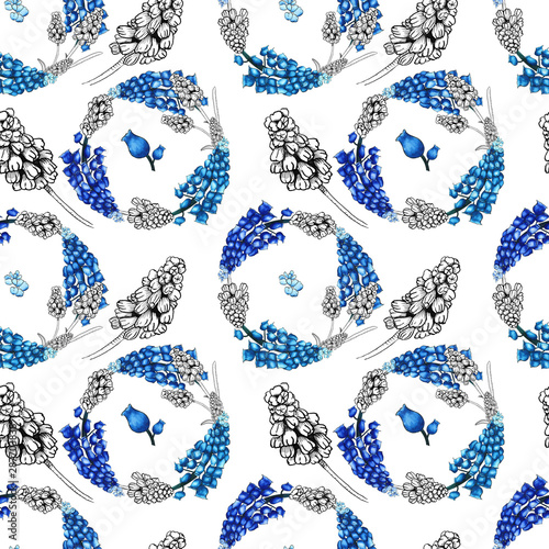 Hyacinths Muscari in simple and cute spring seamless pattern with flowers, buds, branches, wreaths on white background. Watercolor, freehand drawing for print textile,fabric,wrapping paper photo