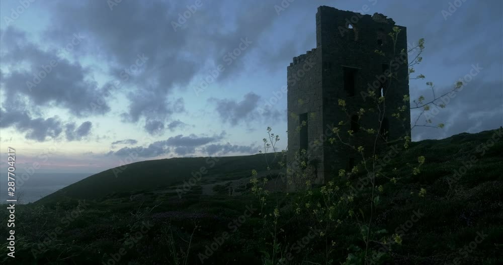 Evening landscape view looking up at Cornish mine engine house. Copy space. Evening landscape view looking up at Cornish mine engine house. Copy space.