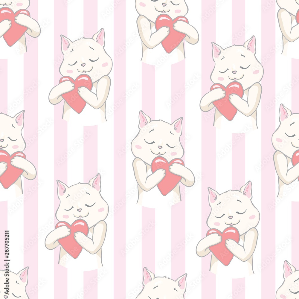 Cats seamless vector pattern with hearts. Cute hand drawn kitten faces. Valentines day.