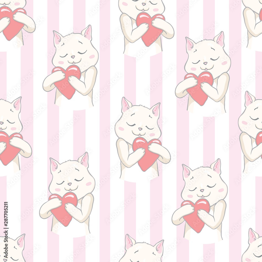 Cats seamless vector pattern with hearts. Cute hand drawn kitten faces. Valentines day. Cats seamless vector pattern with hearts. Cute hand drawn kitten faces. Valentines day.