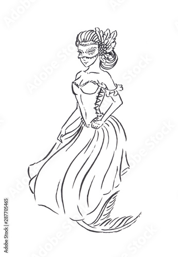 Mermaid in carnival mask and Baroque era Venetian ball gown