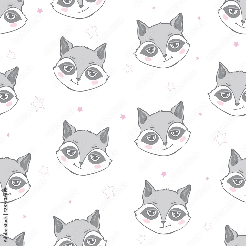 Vector flat style seamless pattern with raccoon. Isolated on white background. Vector flat style seamless pattern with raccoon. Isolated on white background.