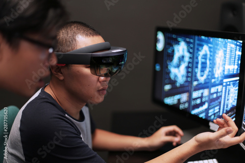 Mixed reality with hololens headsets. Experience virtual reality glasses.