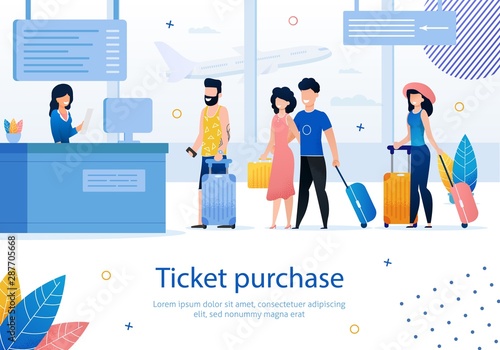Airline Company, Airplane Tickets Purchase, Booking Service Trendy Flat Vector Ad Banner, Poster with Happy Travelers, Airline Passenger Standing in Line While Buying Tickets in Airport Illustration
