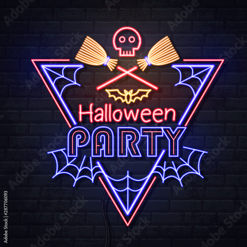 Neon sign halloween party with skull and wich broom. Vintage electric signboard.