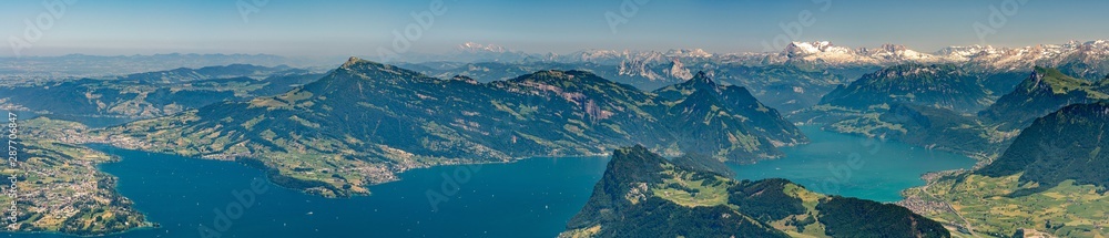 Panorama view on lake Lucerne, Rigi Kulm, Burgenstock and Alps from Pilatus mountain