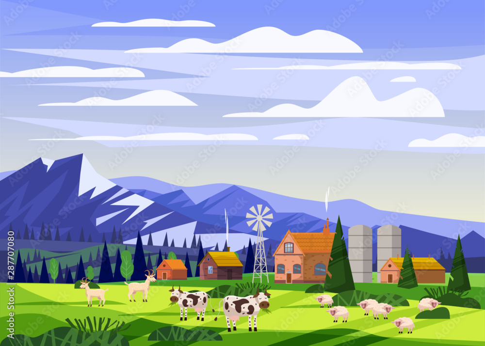 Rural farm landscape with green fields hills and farm village buildings animals cows sheeps