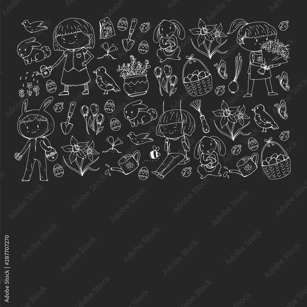 Vector pattern with easter and spring elements. Eggs in basket, bunny, flowers, birds Vector pattern with easter and spring elements. Eggs in basket, bunny, flowers, birds