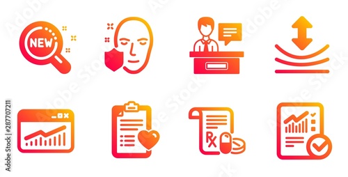New products, Patient history and Medical prescription line icons set. Resilience, Website statistics and Face protection signs. Exhibitors, Checked calculation symbols. Vector