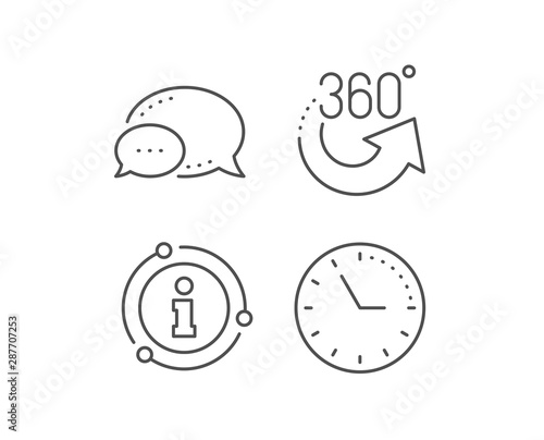 360 degrees line icon. Chat bubble, info sign elements. VR simulation sign. Panoramic view symbol. Linear 360 degrees outline icon. Information bubble. Vector