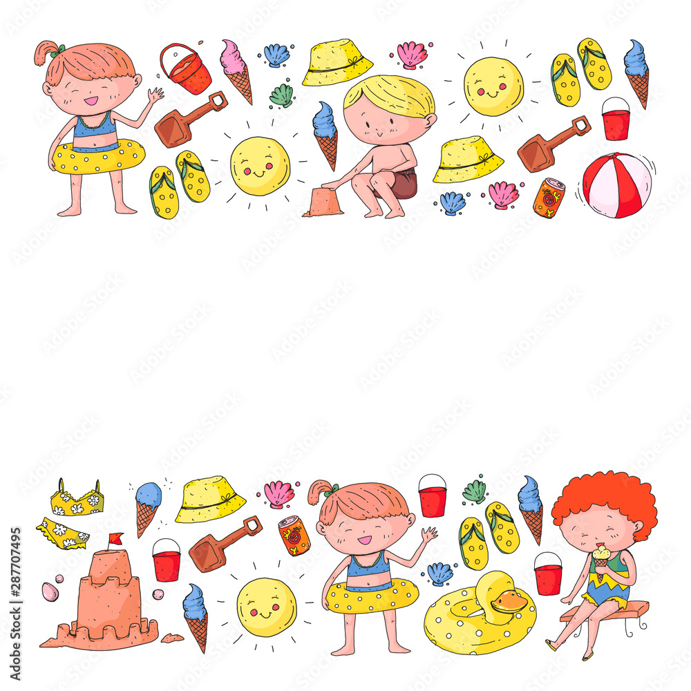 Naklejka premium Children summer vacation. Holidays with little kids. Sea, beach and ocean