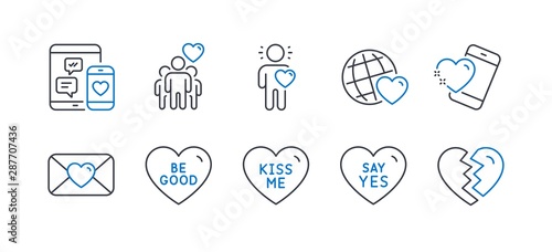 Set of Love icons, such as Kiss me, Friendship, Heart, Be good, Valentine, Friend, Say yes, Friends world, Social media, Break up line icons. Love sweetheart, Trust friends. Line kiss me icon. Vector