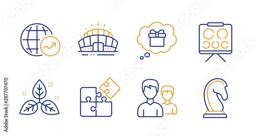 Puzzle, Fair trade and Arena stadium line icons set. Vision board, Couple and World statistics signs. Gift dream, Marketing strategy symbols. Engineering strategy, Leaf. Business set. Vector