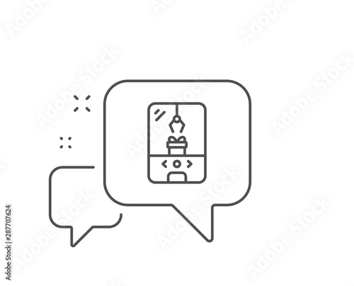 Crane claw machine line icon. Chat bubble design. Amusement park sign. Carousels symbol. Outline concept. Thin line crane claw machine icon. Vector