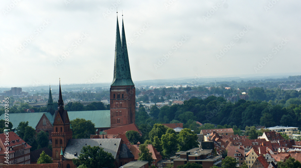 Top view of church in old town, beautiful architecture, Lubeck, Germany