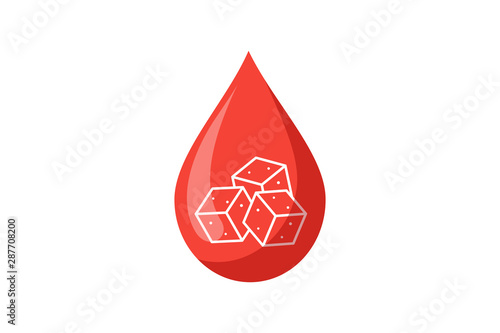 Blood drop with sugar pieces inside. Testing blood glucose concept. Diabetes world day. Vector illustration