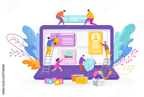 Tiny people are designing a website. Web design, development.