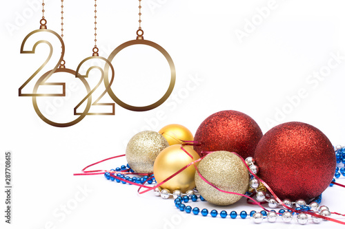 Happy new year 2020. Christmas greeting card. Isolated balls and ornament on white background and copy space